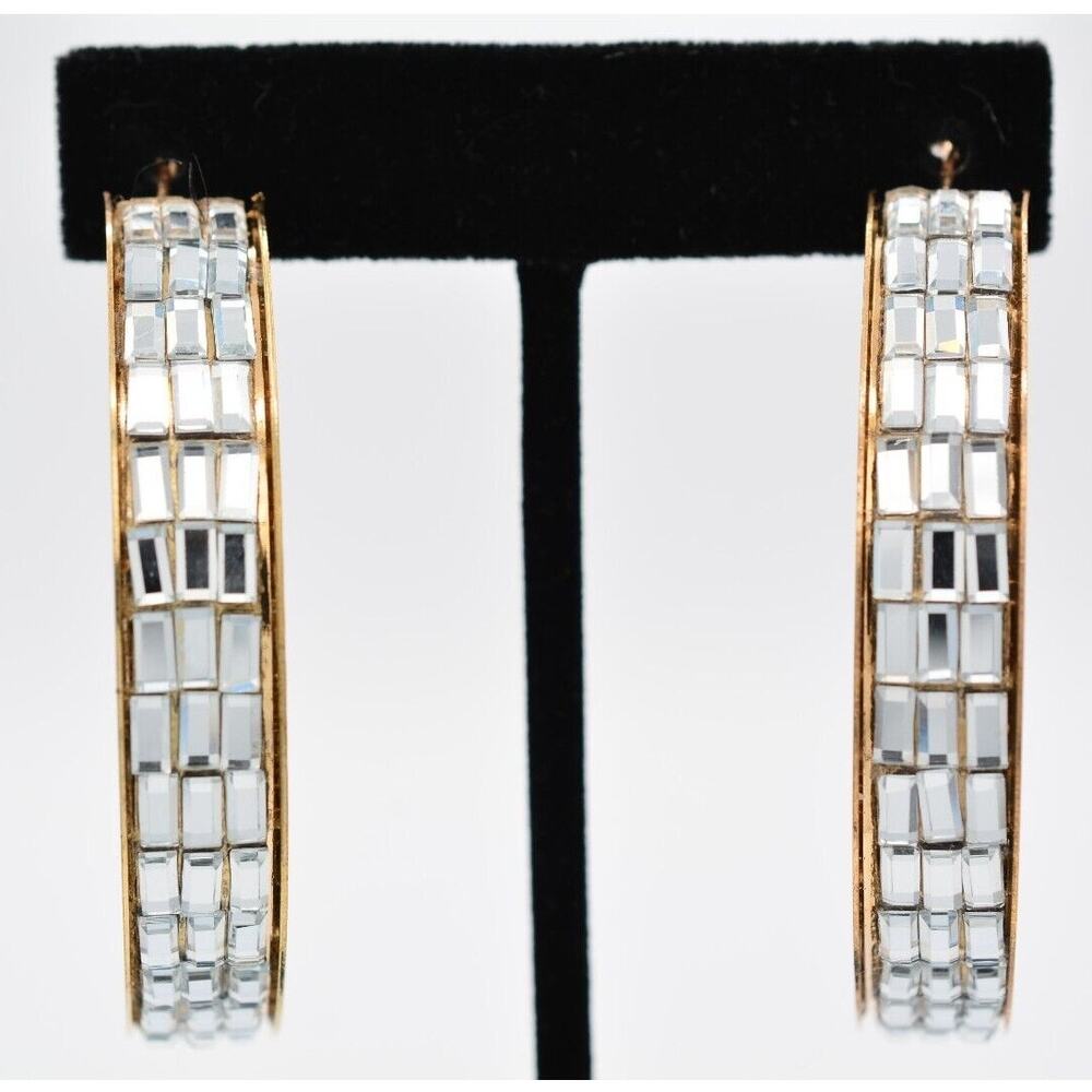 Vintage Crystal Hoops Earrings Baguette Rhinestone Chunky Gold Tone Thick 80s 9E